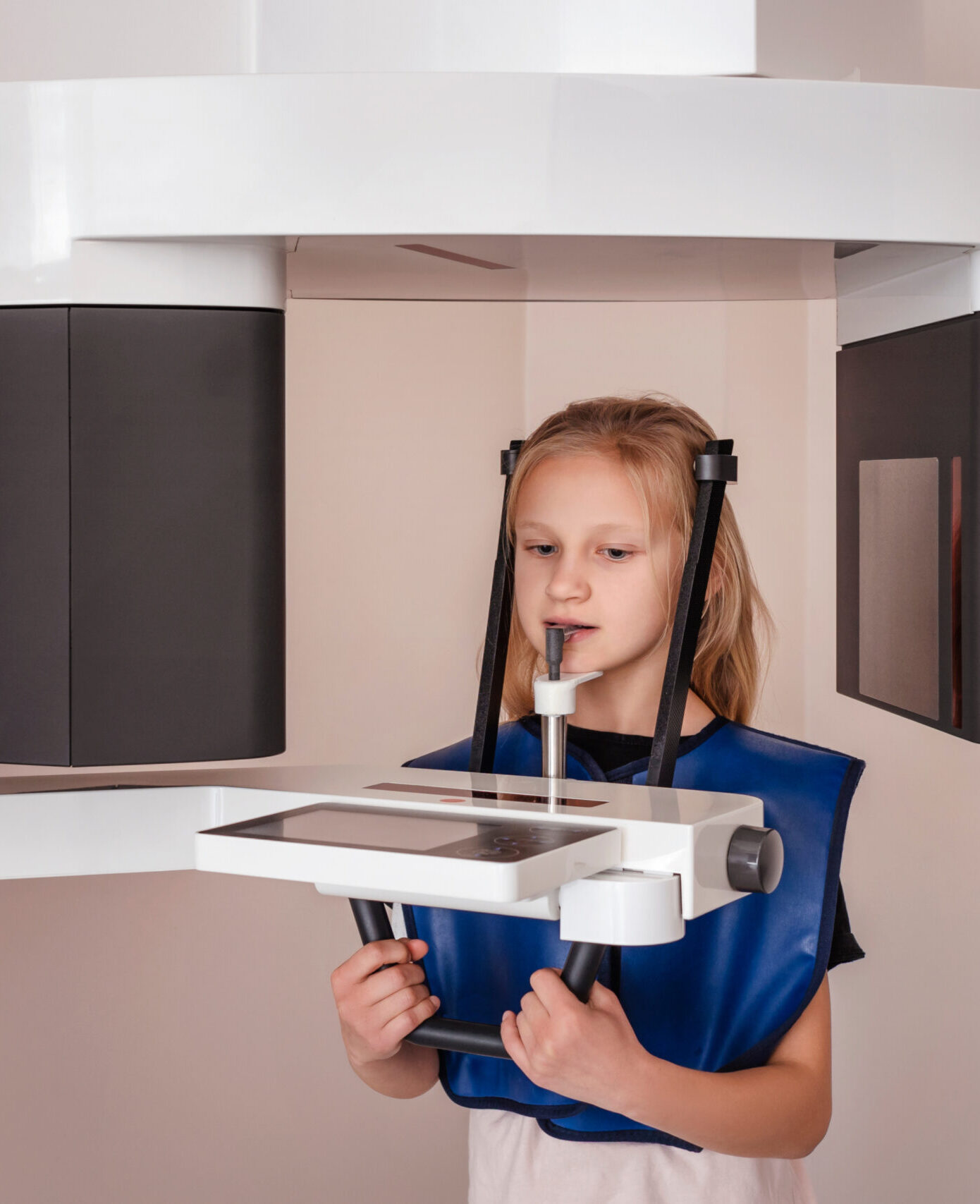 Orthopantomogram Digital image for Children OPG CT Scan X-Ray. Child Little Girl Make Panoramic single Image Radiograph Mandible, Maxilla and Teeth.