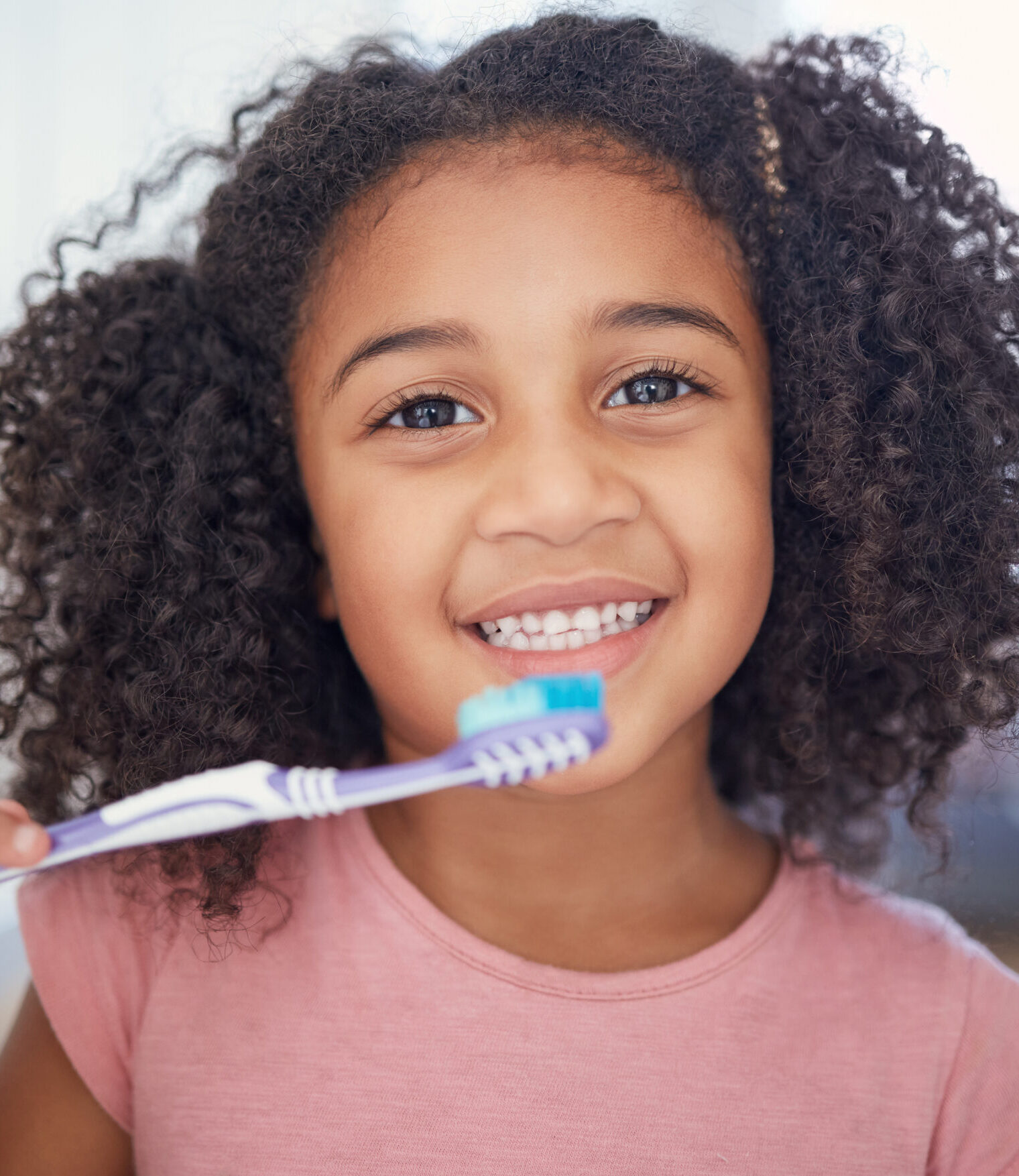 Young girl kids, portrait and brushing teeth, dental healthcare and bathroom toothbrush in Brazil home. Happy, smile and black child face cleaning mouth, healthy wellness development and fresh breath.